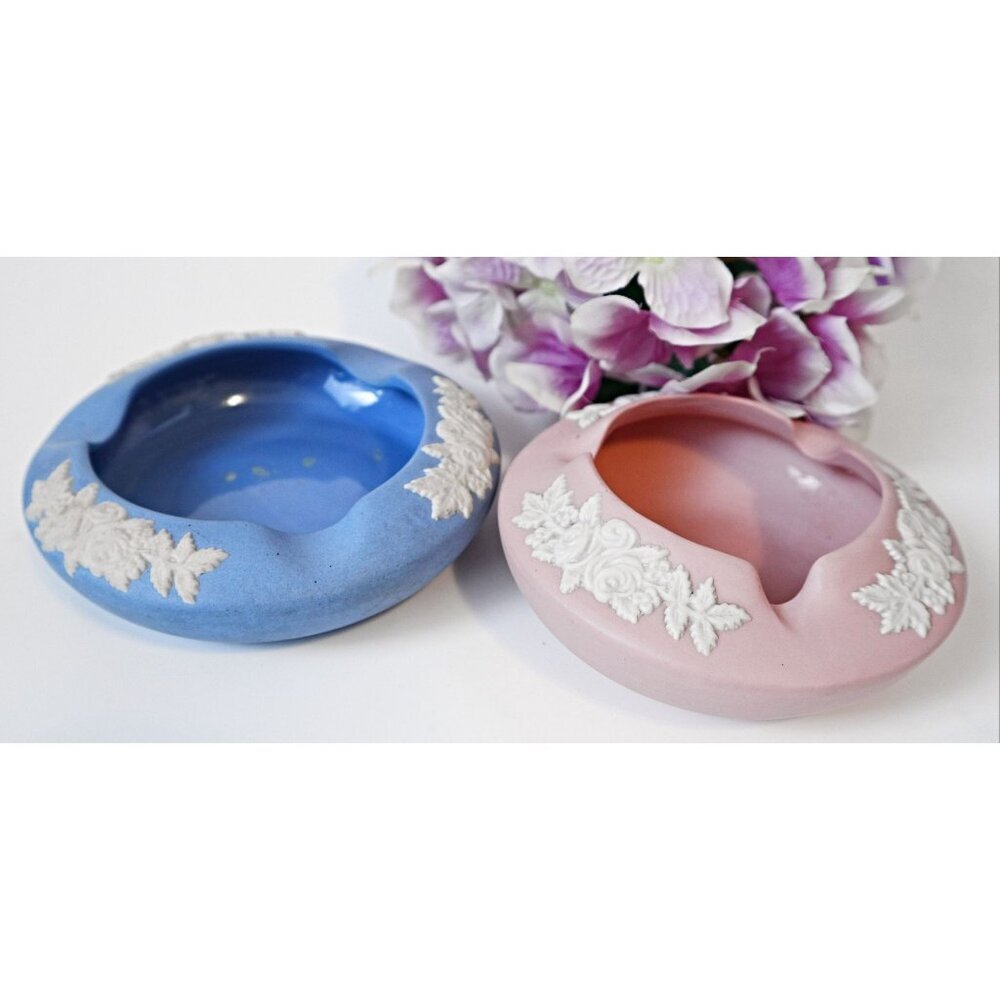 2 Vintage Art Pottery ECanada Ashtrays Pink Blue Jasperware Tobaciana